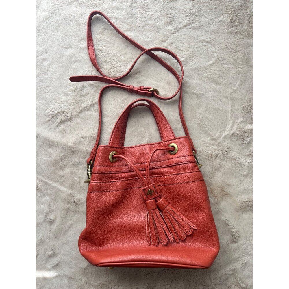 Royna Red Leather Bucket Bag With Tassels Adjustable Strap & Gold Hardware By Ra